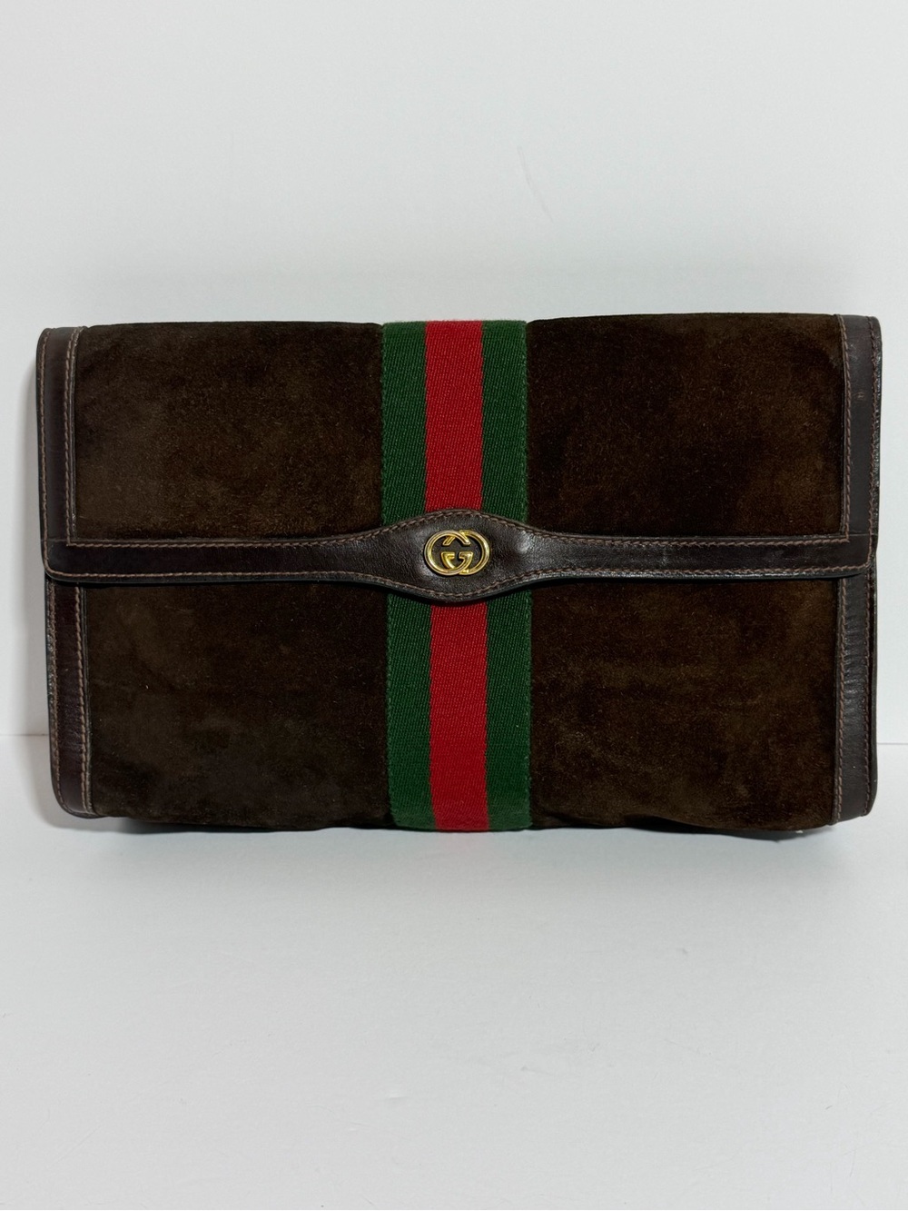 Gucci Brown Suede Clutch Bag with Green and Red Web Stripe